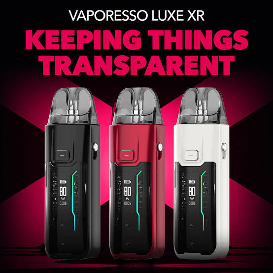 Vaporesso Luxe XR MAX vape kits in black, red, and white with branding
