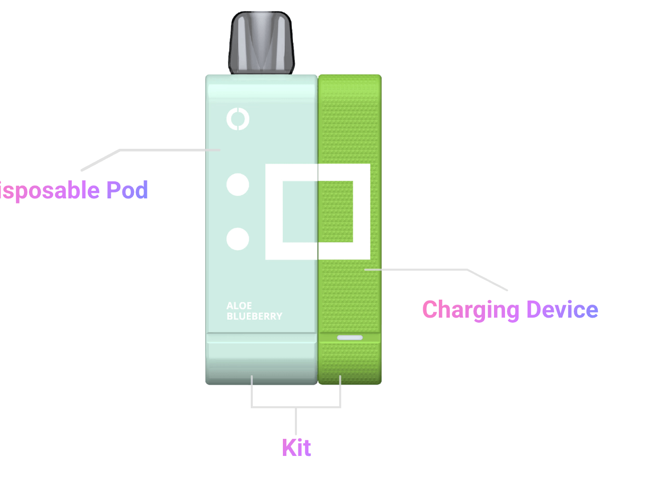 Elfbar Snap EW14000 vape kit labeled with disposable pod and charging device, showcasing modular design and Aloe Blueberry flavor.