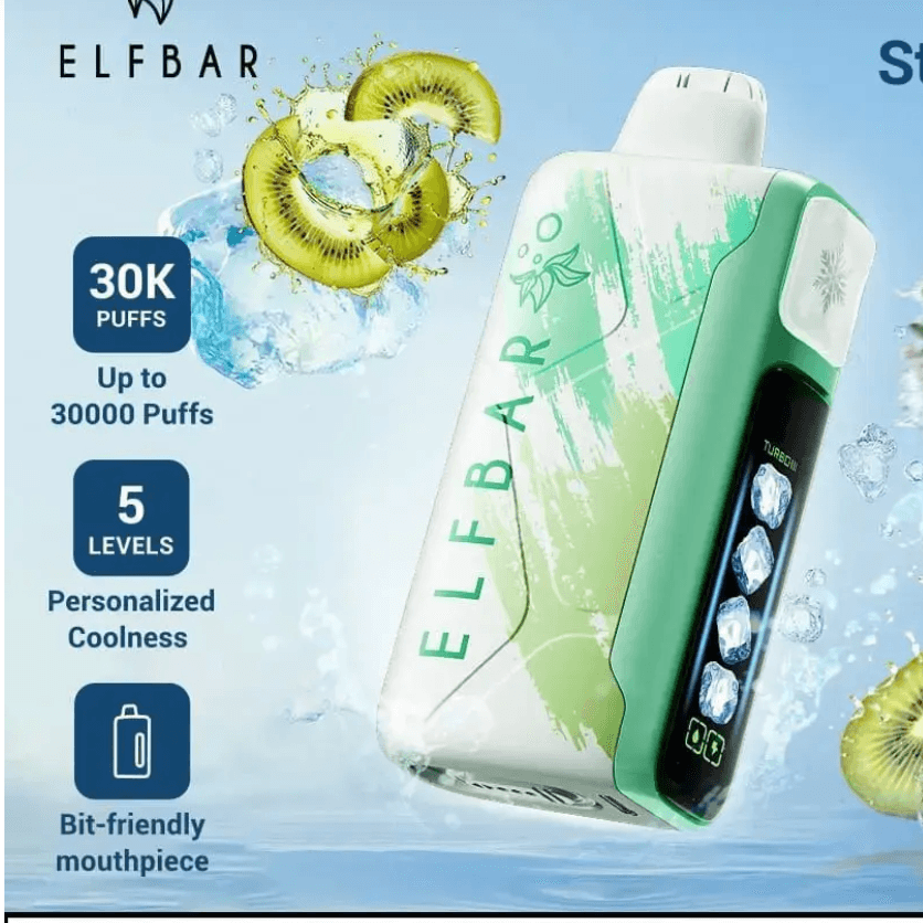 Elfbar Ice King 30000 Puffs Kiwi Ice vape in green design with 5 adjustable coolness levels and digital display. Delivers refreshing kiwi flavor.