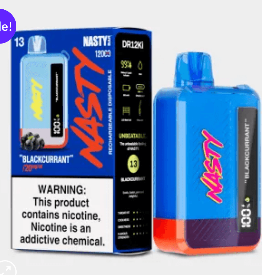 Nasty 12000 Puffs Vape in Blackcurrant flavor featuring 650mAh battery, USB-C port, and airflow control for a premium vaping experience.