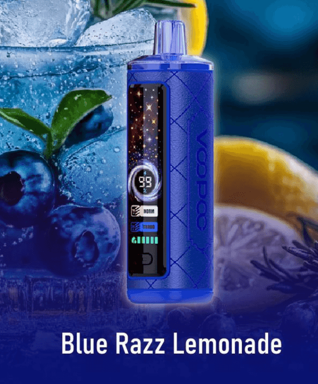 Voopoo Cloud X 30000 vape in Blue Razz Lemonade flavor featuring adjustable settings and vibrant blue body for enhanced vaping experience.