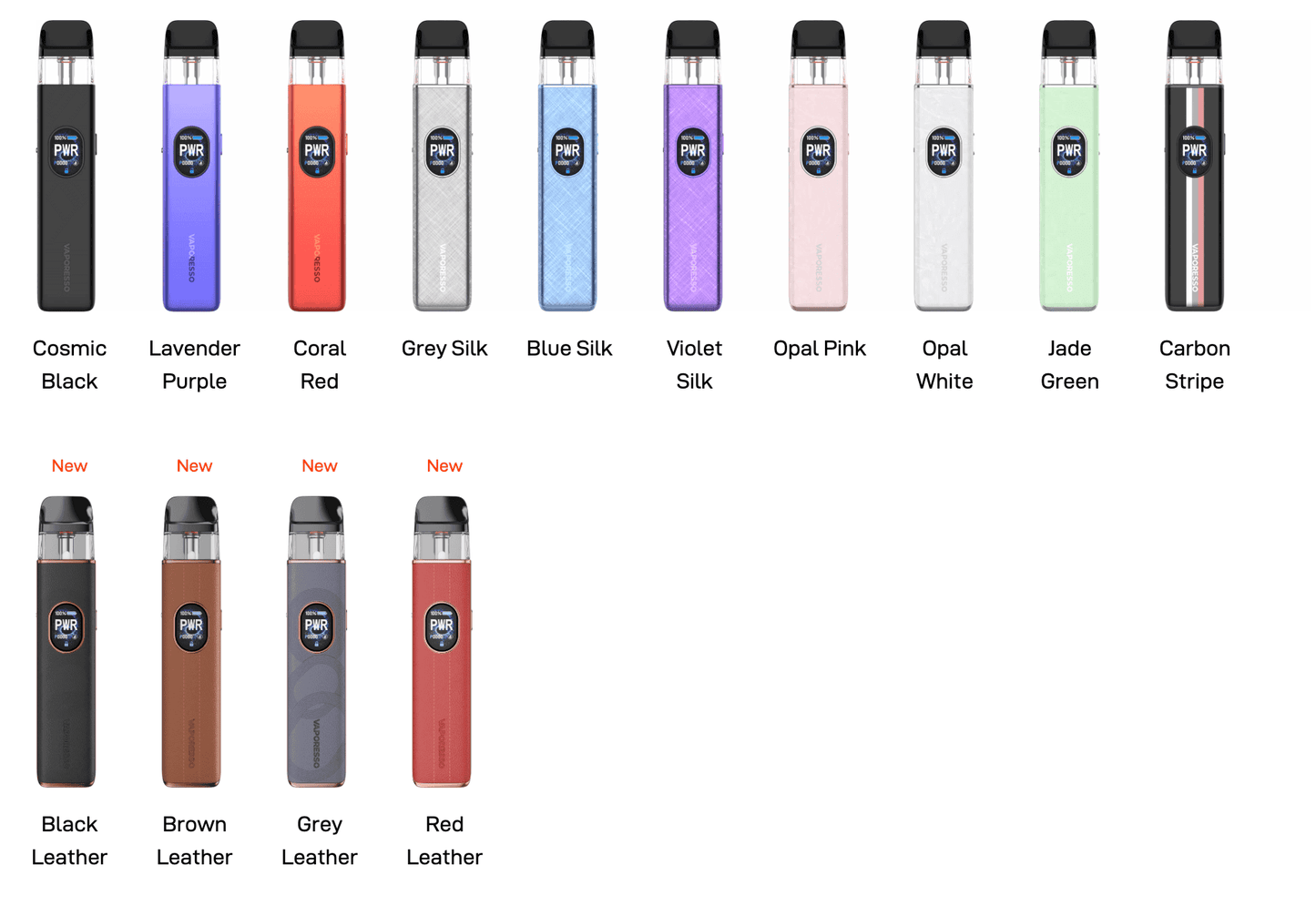 Vaporesso XROS 5 color options including leather and silk finishes in various shades like Cosmic Black, Coral Red, and Jade Green.