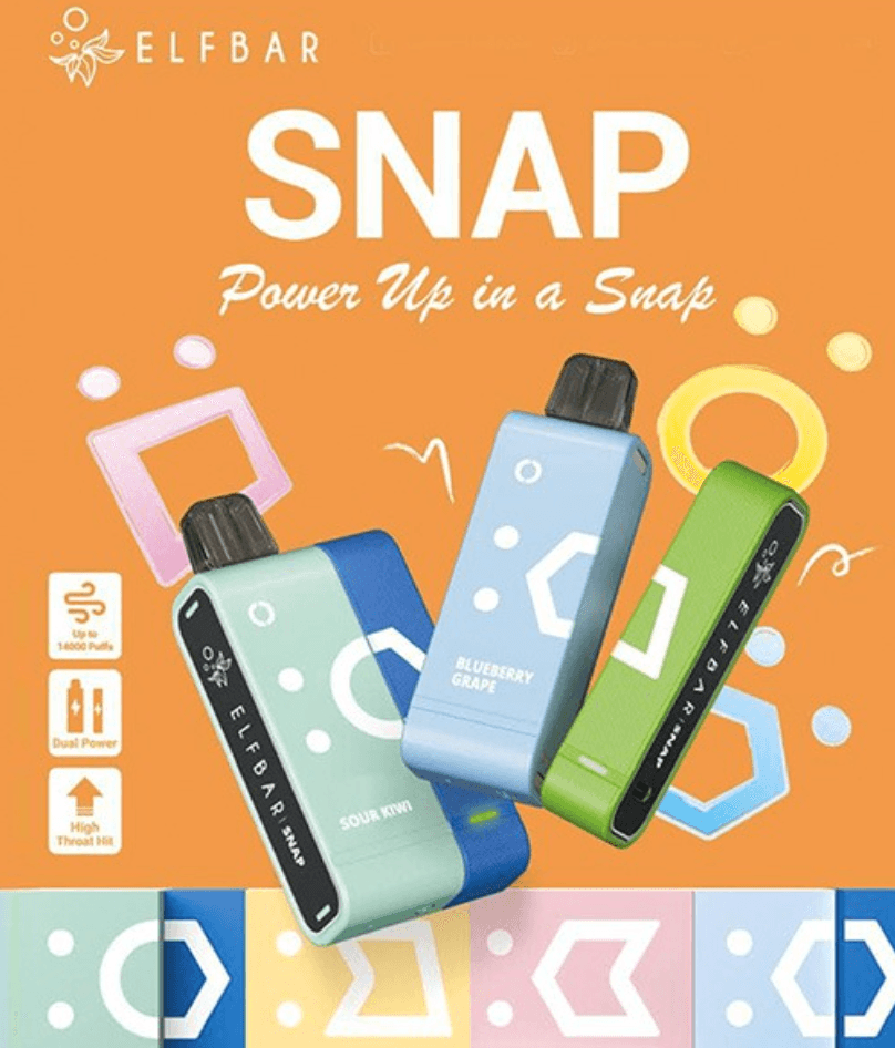 Elfbar Snap EW14000 vapes in multiple flavors including Sour Kiwi and Blueberry Grape, highlighting dual power and high throat hit features.