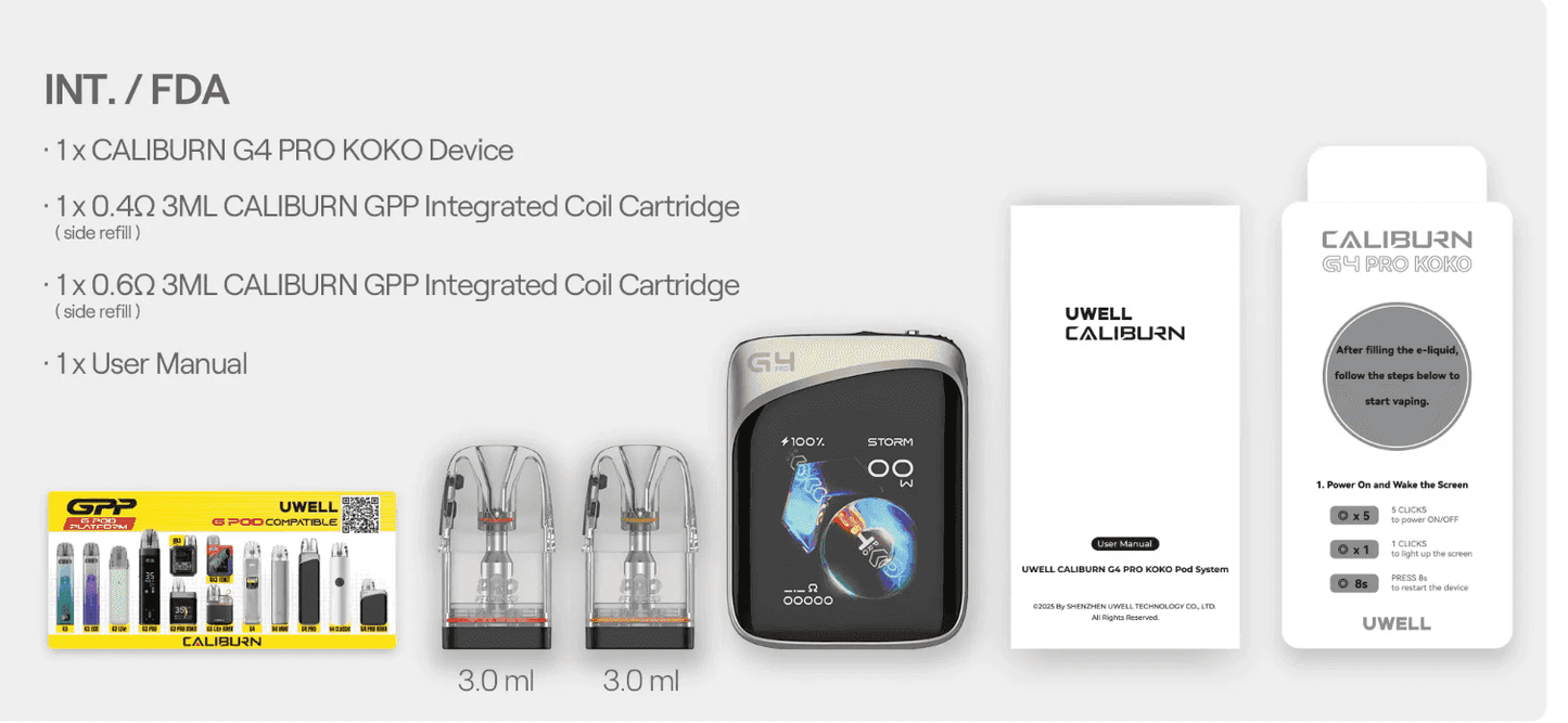 Caliburn G4 Pro KOKO Pod System Kit full package contents including device, cartridges, and user manual, ideal for new and experienced vapers.
