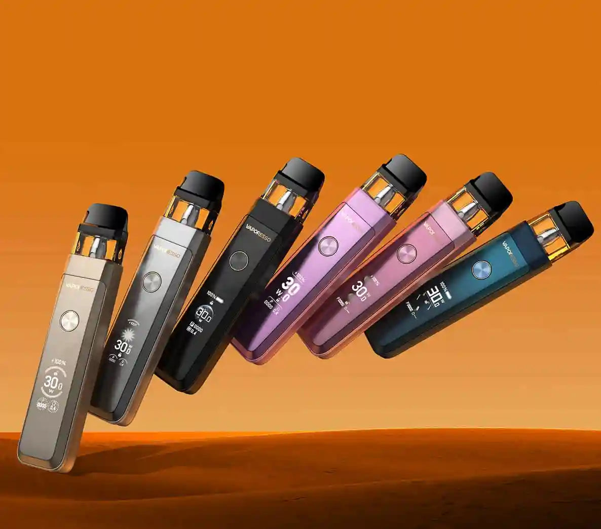 Vaporesso XROS PRO 2 Vape Device - Exceptional Vaping in multiple colors displayed against a desert background, showcasing variety and design.