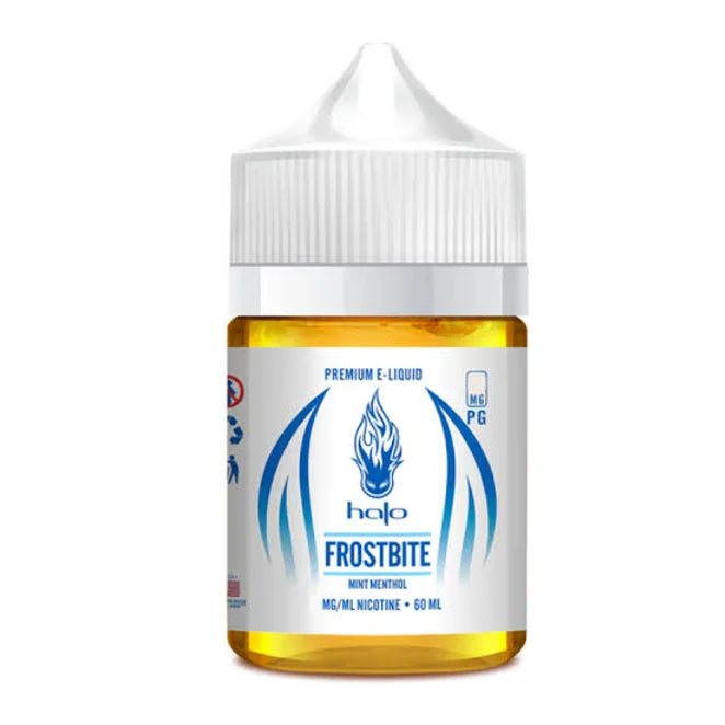 HALO E-LIQUID 60ML Frostbite flavor delivers mint menthol freshness in a white-labeled bottle, suited for menthol vape users in food & tobacco items.