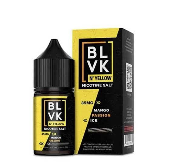 BLVK Nicotine Salt E-Liquid - 30ML Mango Passion Ice flavor in yellow-themed packaging, delivering tropical menthol vape with 35MG nicotine.