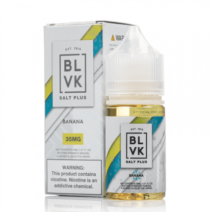 BLVK Nicotine Salt E-Liquid - 30ML Banana flavor from Salt Plus line, featuring clean white packaging and 35MG nicotine for smooth dessert vaping.