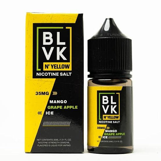 BLVK Nicotine Salt E-Liquid - 30ML Mango Grape Apple Ice flavor in bold yellow packaging, offering a fruity menthol blend with 35MG nicotine.