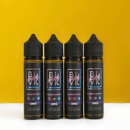 BLVK Pink Series E-juice 3mg 60ml lineup featuring Iced Berry Kiwi, Banana, Peach, and Lemonade flavors. Premium vaping in Food & Tobacco category.
