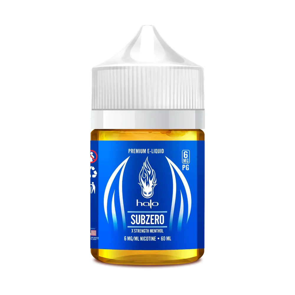 HALO E-LIQUID 60ML SubZero flavor offers extra strength menthol in a bold blue bottle, perfect for menthol e-liquid enthusiasts in tobacco products.
