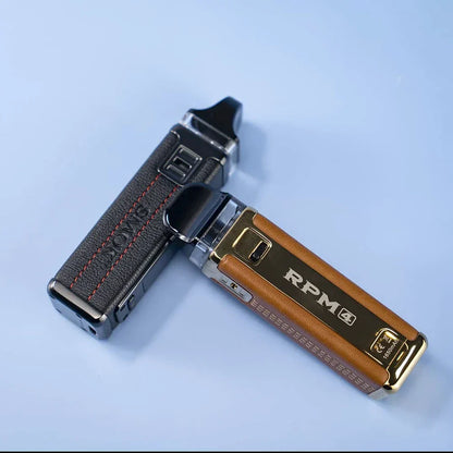 SMOK RPM 4 Pod System 60W in black and brown leather finishes, highlighting stylish build and dual coil compatibility for advanced vaping.