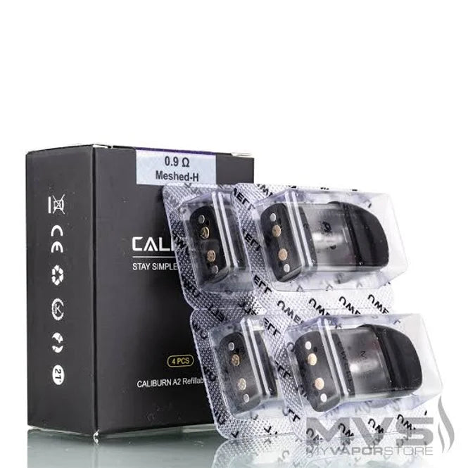 Back view of Uwell Caliburn A2 Replacement Pods featuring 0.9ohm Meshed-H coils, ideal for optimized vaping performance.