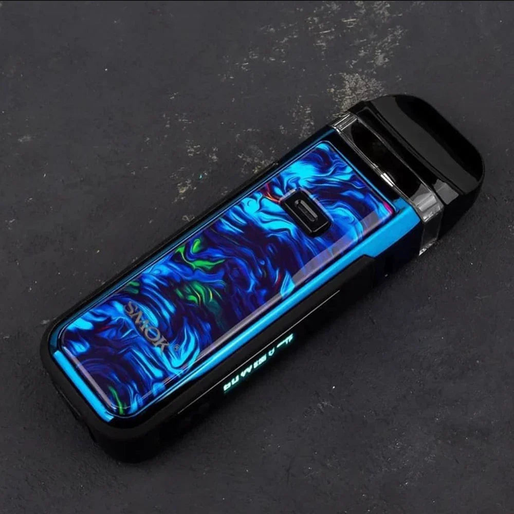 Blue swirl SMOK NORD X Pod System with 60W output and RPM coil compatibility on dark background, ideal for powerful vaping.