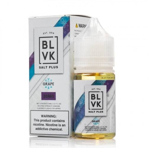 BLVK Nicotine Salt E-Liquid - 30ML Grape flavor from Salt Plus line, featuring sleek white packaging and 35MG nicotine for rich fruity vaping.