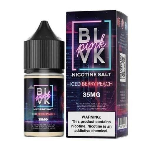 BLVK Nicotine Salt E-Liquid - 30ML Iced Berry Peach flavor with 35MG strength, featuring vibrant packaging for fruity menthol vape lovers.