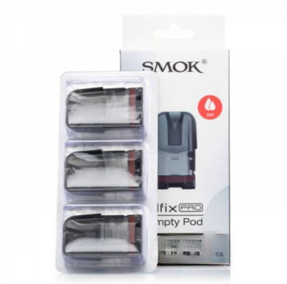 SMOK Nfix Pro Cartridges 2ml pack with three empty pods in clear blister, designed for use with SMOK Nfix Pro 25W and LP1 coils.