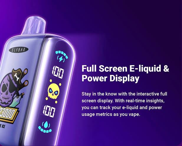 Close-up of Elf Bar GH23000 vape showing full screen e-liquid and power display