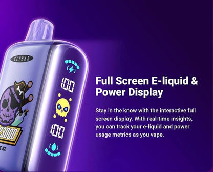 Close-up of Elf Bar GH23000 vape showing full screen e-liquid and power display