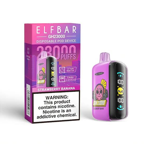 Elf Bar GH23000 disposable vape in pink packaging with warning label and colorful design