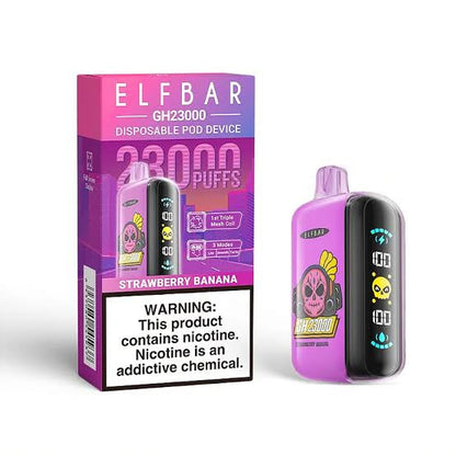 Elf Bar GH23000 disposable vape in pink packaging with warning label and colorful design