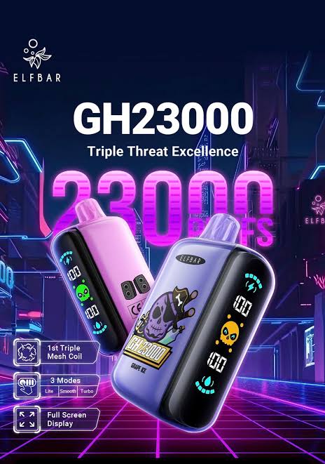Elf Bar GH23000 disposable vape with full screen display and colorful neon background