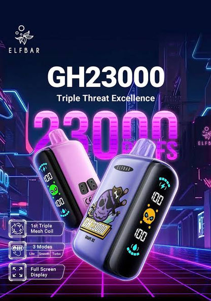 Elf Bar GH23000 disposable vape with full screen display and colorful neon background