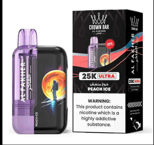 AL Fakher Crown 25k Max - FreeBase 5mg Peach Ice vape with astronaut design and premium packaging. Ideal for smooth shisha flavor lovers.