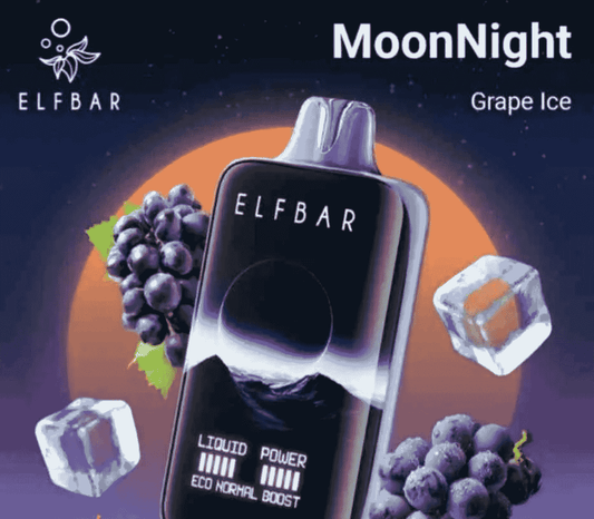 Elfbar Moonlight 40000 Puffs Grape Ice vape with sleek black-purple design, surrounded by grapes and ice cubes. Available in Karnataka, India.