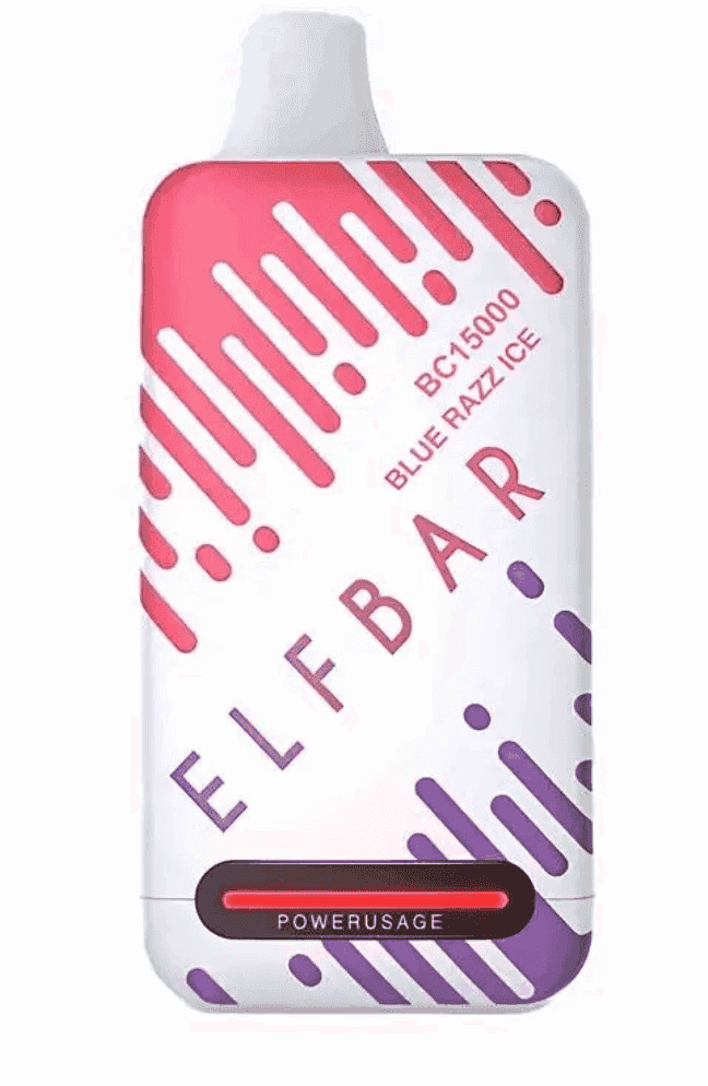 Elfbar raya  S1 15000 Puffs Blue Razz Ice vape with 23ml e-liquid, 5% nicotine, and Type-C charging for extended vaping sessions.