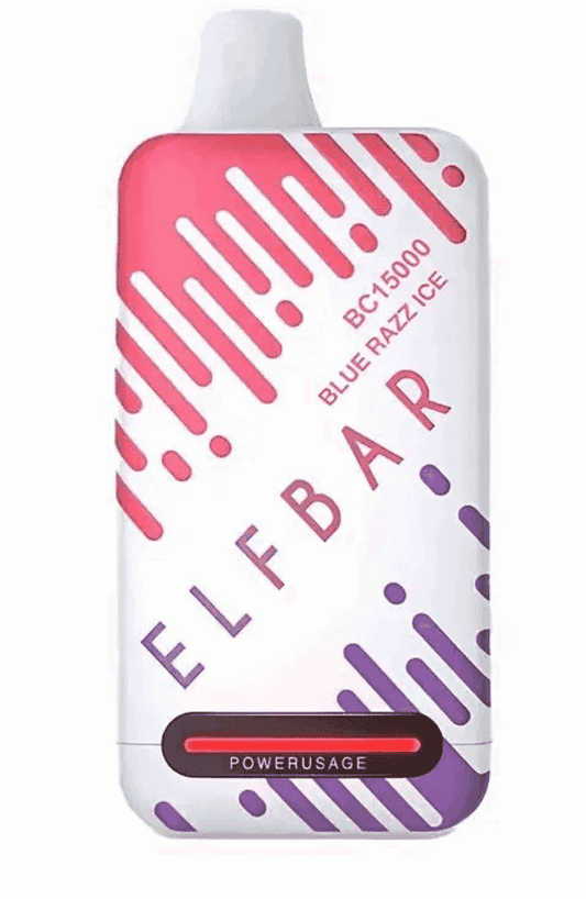 Elfbar raya  S1 15000 Puffs Blue Razz Ice vape with 23ml e-liquid, 5% nicotine, and Type-C charging for extended vaping sessions.