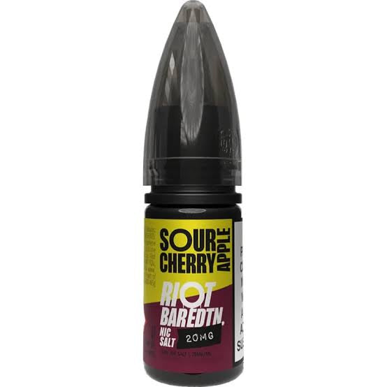 Riot Sour Cherry apple nicotine salt bottle with black and yellow label