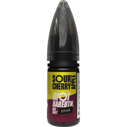 Riot Sour Cherry apple nicotine salt bottle with black and yellow label