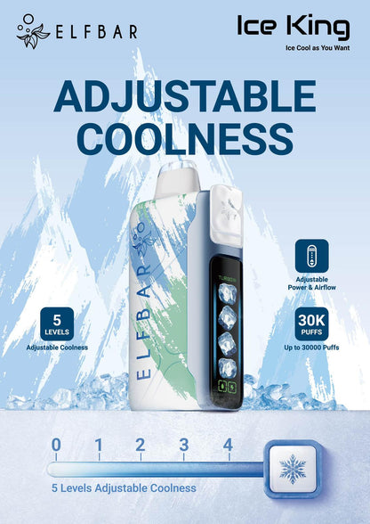 Elf Bar Ice King Vape 30000 Puffs with adjustable coolness and ice mountain background