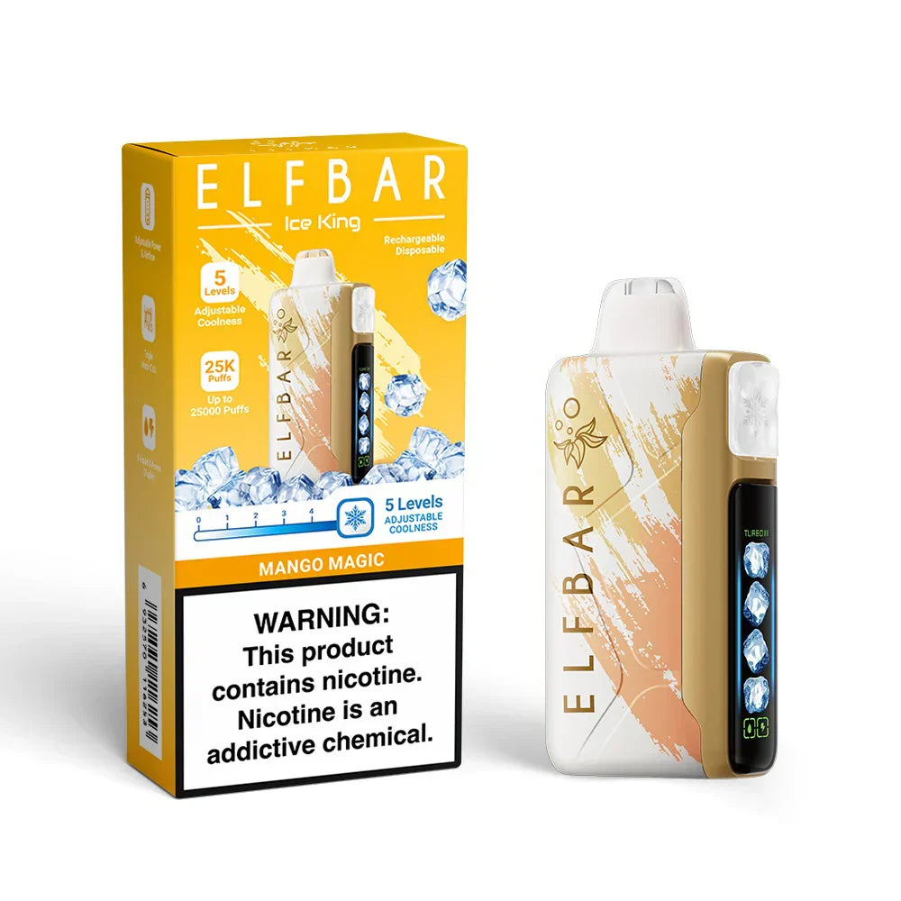 Elf Bar Ice King Vape 30000 Puffs disposable with mango flavor and yellow packaging