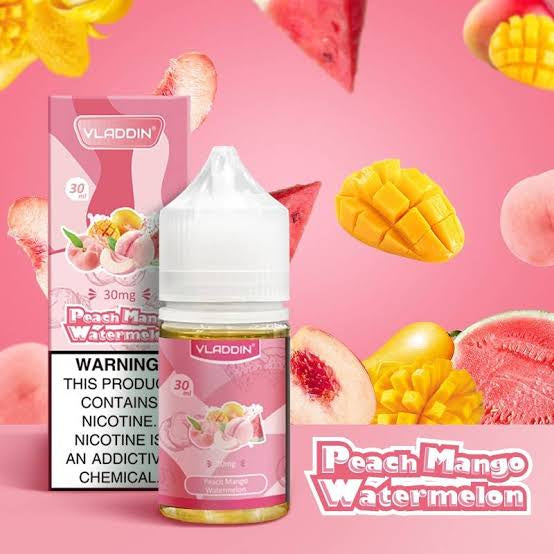 Vladdin Salt E-Juice 30ml - Nicotine Boost in Peach Mango Watermelon flavor, a juicy tropical fusion for smooth vaping.