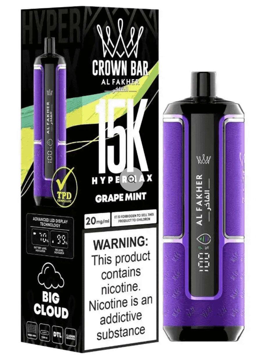 Grape Mint Al Fakher Crown Bar Vape with 15000 puffs, purple body, TPD compliant, designed for smooth and extended vaping experience.