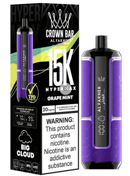 Grape Mint Al Fakher Crown Bar Vape with 15000 puffs, purple body, TPD compliant, designed for smooth and extended vaping experience.