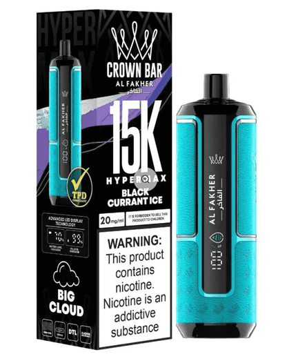 Black Currant Ice flavor Crown Bar Vape by Al Fakher, 15000 puffs, blue design, with big cloud output and LED display technology.