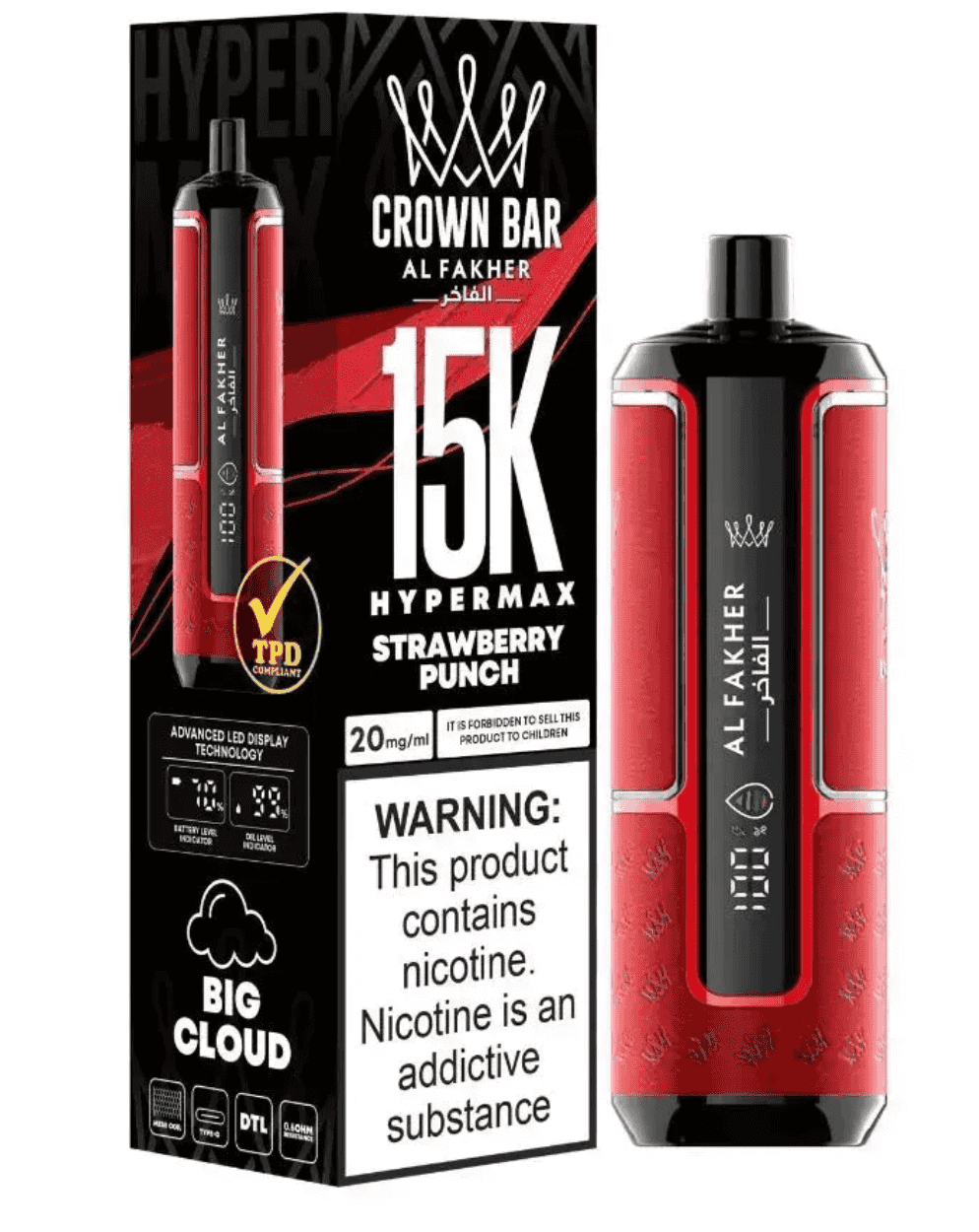 Al Fakher Crown Bar Vape in Strawberry Punch flavor, red body design, 15000 puffs capacity, perfect for long-lasting vape sessions.