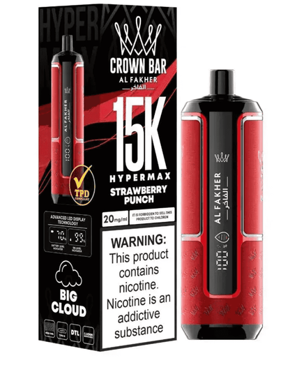 Al Fakher Crown Bar Vape in Strawberry Punch flavor, red body design, 15000 puffs capacity, perfect for long-lasting vape sessions.