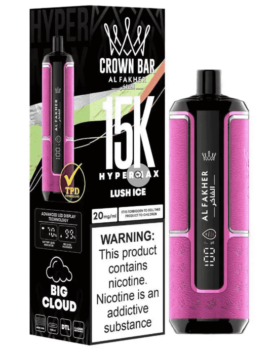 Crown Bar Vape by Al Fakher in Lush Ice flavor with 15000 puffs, featuring pink design and advanced LED display. Ideal for flavorful vaping.