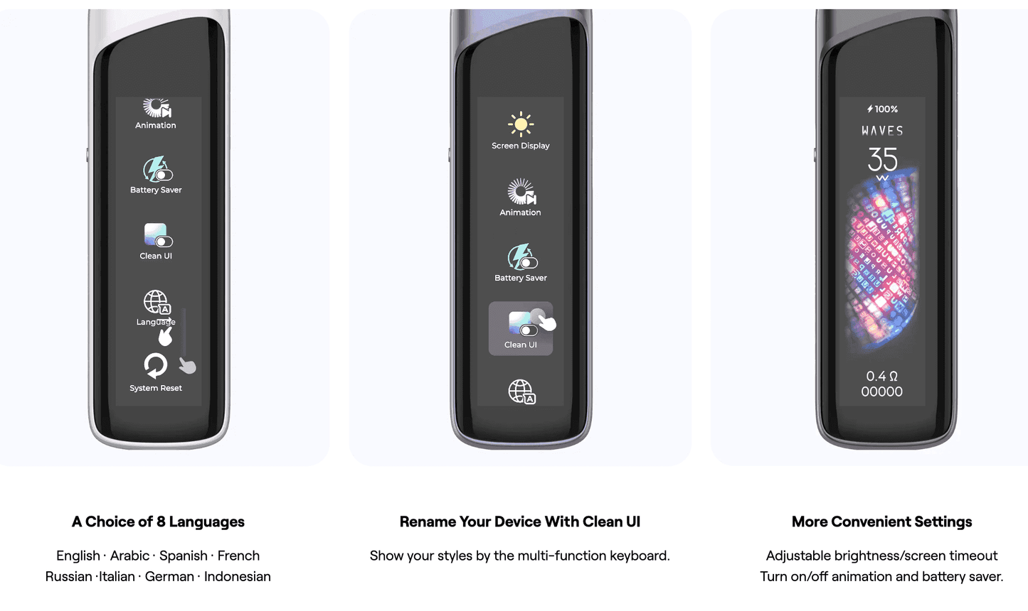 Caliburn G4 Pro vape interface displaying customizable settings like animation, battery saver, and 8 language options.