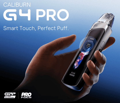 Hand holding Caliburn G4 Pro vape with smart touch screen and vibrant display, highlighting sleek design and Pro-FOCS tech.