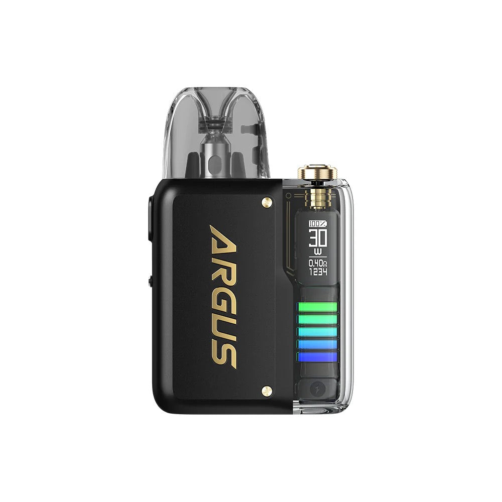 Vopoo Argus P2 black vape device with gold branding and LED screen, sleek design for superior taste, sold in India Karnataka.