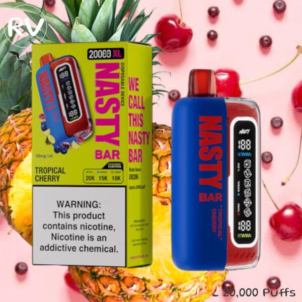 Nasty Bar 20000 Puff Vape XL packaging with tropical cherry flavor and colorful fruit background