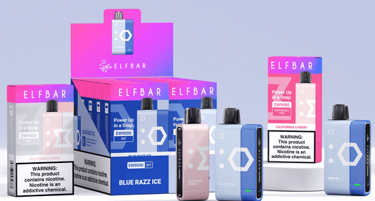 Elfbar Snap EW9000 Kit 9000 Puffs Disposable Pod in Blue Razz Ice and California Cherry flavors with packaging and magnetic charging device.