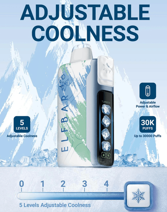 Elfbar Ice King 30000 Puffs vape with adjustable power, airflow, and 5 cooling levels. Features digital display and sleek white-blue design.