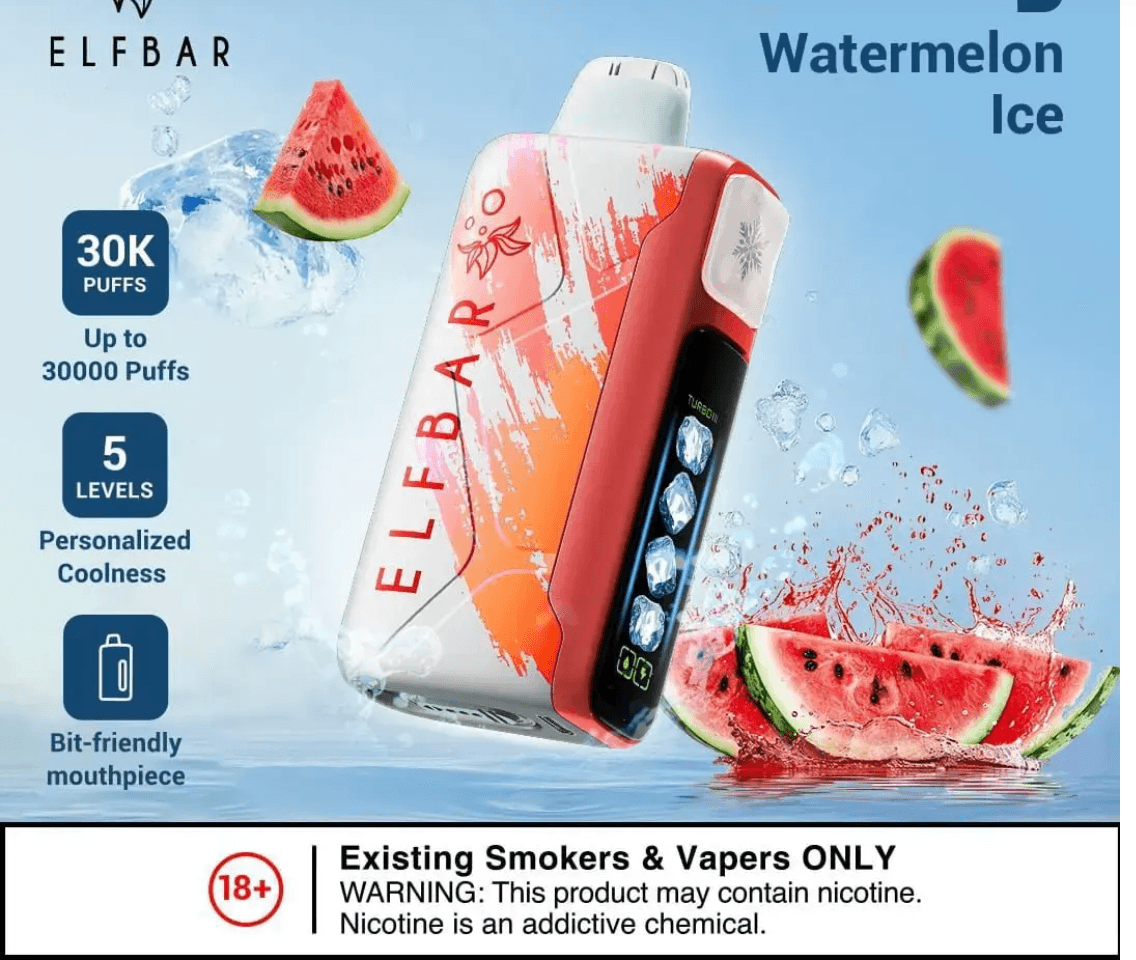 Elfbar Ice King 30000 Puffs Watermelon Ice vape with red design, 5 cooling levels, and digital screen. Offers fruity flavor and long-lasting use.