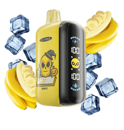 Elf Bar GH23000 Banana Ice vape in yellow with digital display, surrounded by banana slices and ice cubes. Long-lasting disposable e-cigarette.